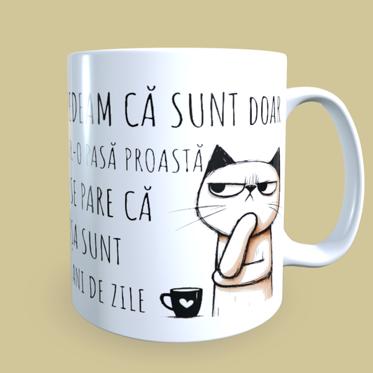 Cană ceramică personalizată „Credeam că sunt doar într-o pasă proastă dar se pare că așa sunt de ani de zile” – 330 ml, albă