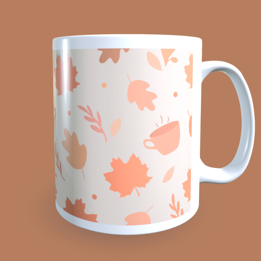 Cană ceramică personalizată „Frunzele cad și cafeaua mă cheamă” – 330 ml, albă