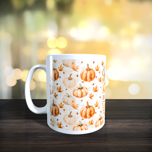 Cană ceramică personalizată „Pumpkin Spice & Everything Nice” – 330 ml, albă