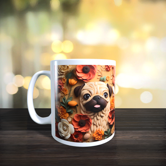 Cană ceramică personalizată „Pug printre flori” – 330 ml, albă