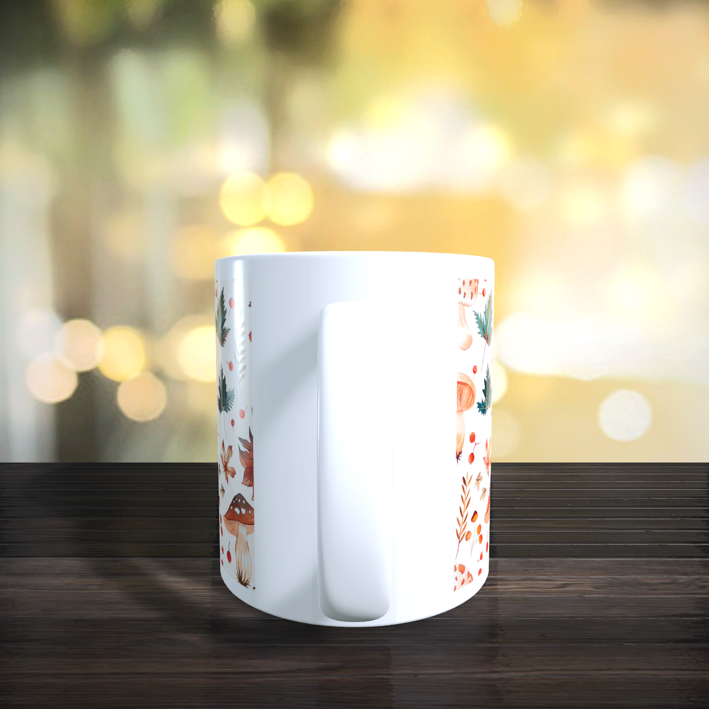 Cană ceramică personalizată „Ciuperci de pădure și frunze verzi” – 330 ml, albă