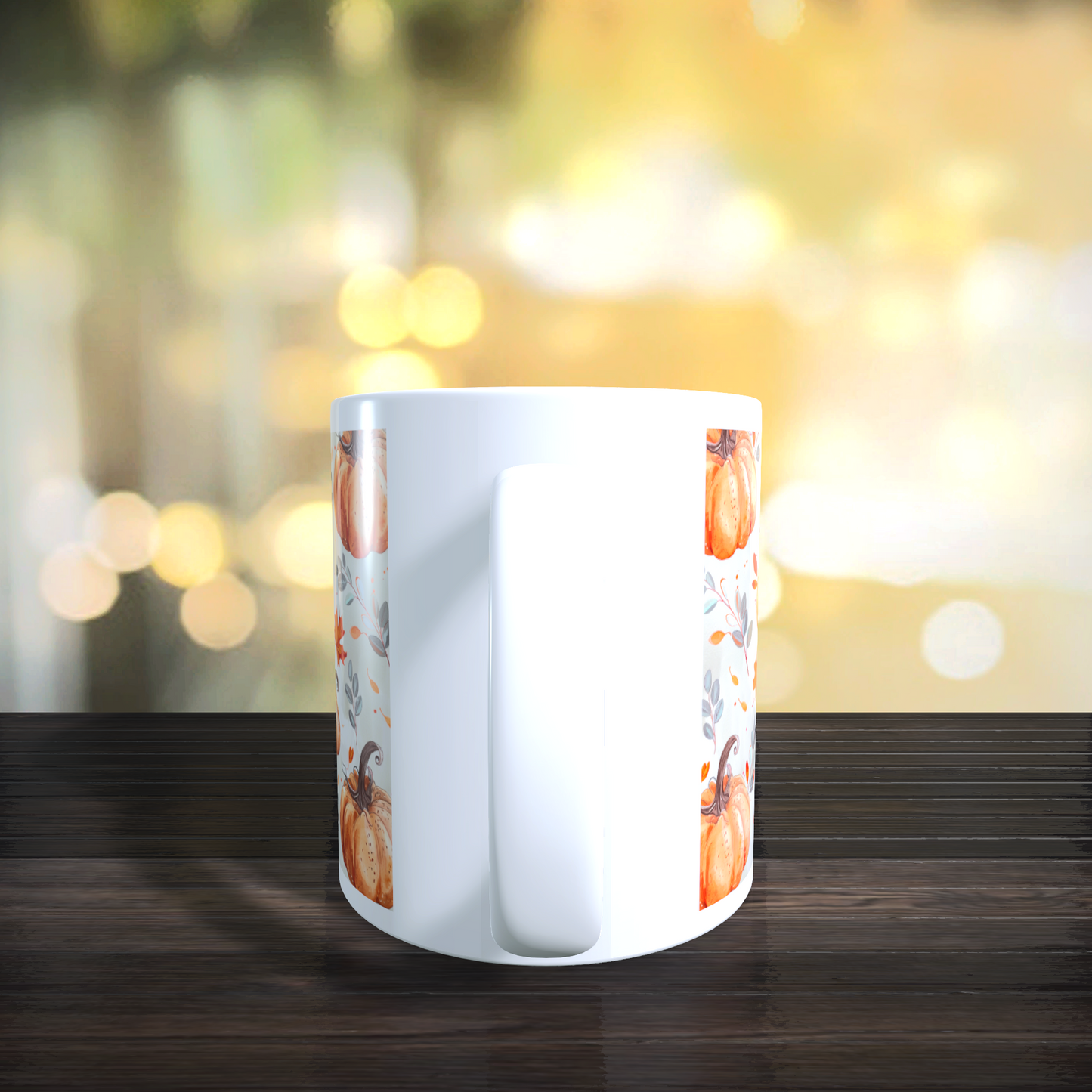 Cană ceramică personalizată „Dovleci portocalii și frunze roșii” – 330 ml, albă