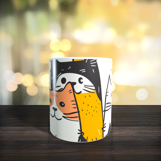 Cană ceramică personalizată „Pisici jucăușe portocalii” – 330 ml, albă