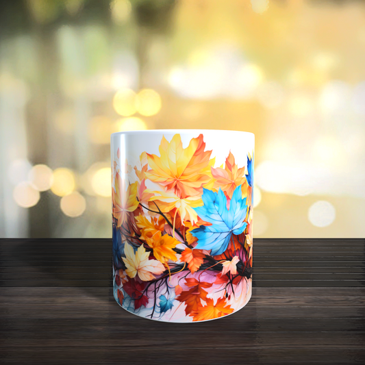 Cană ceramică personalizată cu frunze de toamnă aurii și albastre – 330 ml, albă