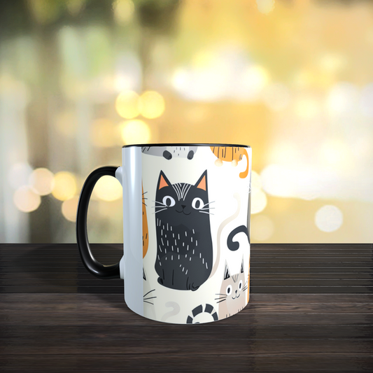 Cană ceramică personalizată „Pisici grafice alb-negru-portocaliu” – 330 ml, albă