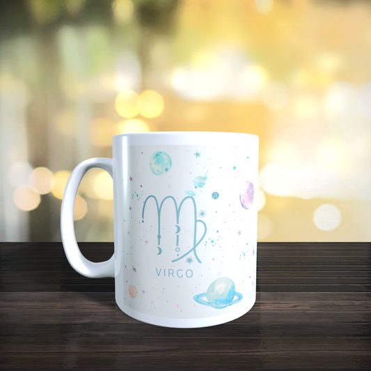 Cană ceramică personalizată „Fecioară – Strălucește ca stelele” – 330 ml, albă