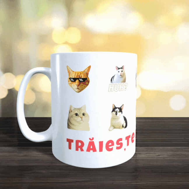 Cana Personalizata cu Pisici Meme „Trăiește pisi-momentul” – Pisici Funny, Banana Cat, Grumpy Cat, 330ml, alba