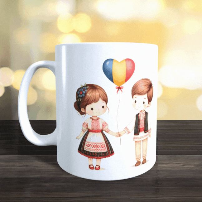 Cană personalizată „România înflorită” – design cu port popular și hartă florală tricoloră