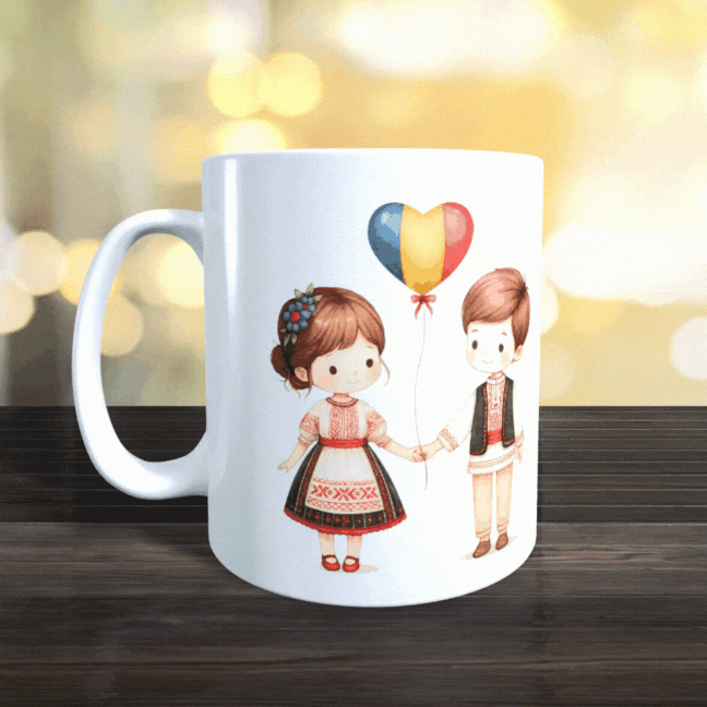 Cană personalizată „România în suflet” – design tradițional cu harta țării și personaje în port popular