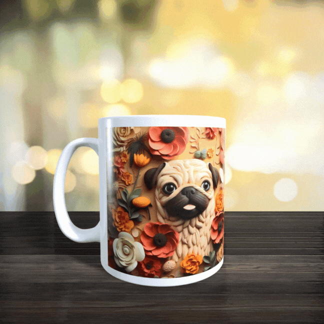 Cană ceramică personalizată „Pug printre flori” – 330 ml, albă