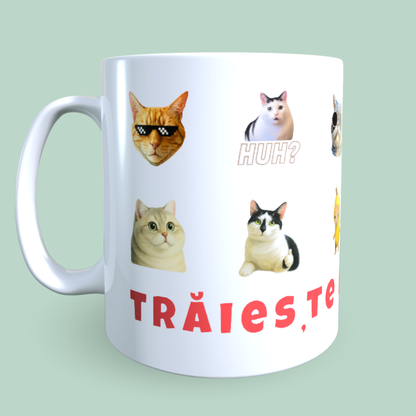 Cană Pisici Meme „Trăiește miau-mentul” – Grumpy Cat, Banana Cat, Funny Cats, 330 ml