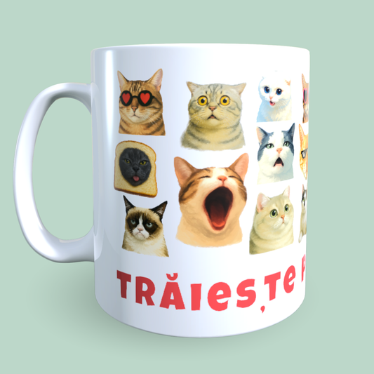 Cană Pisici Meme „Trăiește pisi-momentul” – Grumpy Cat, Banana Cat, Funny Cats, 330 ml