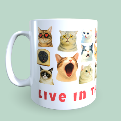 Cană Pisici Meme „Live in the Mew-ment” – Grumpy Cat, Banana Cat, HUH?, 330 ml