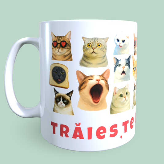 Cană Pisici Meme „Trăiește miau-mentul” – Grumpy Cat, Banana Cat, Funny Cats, 330 ml