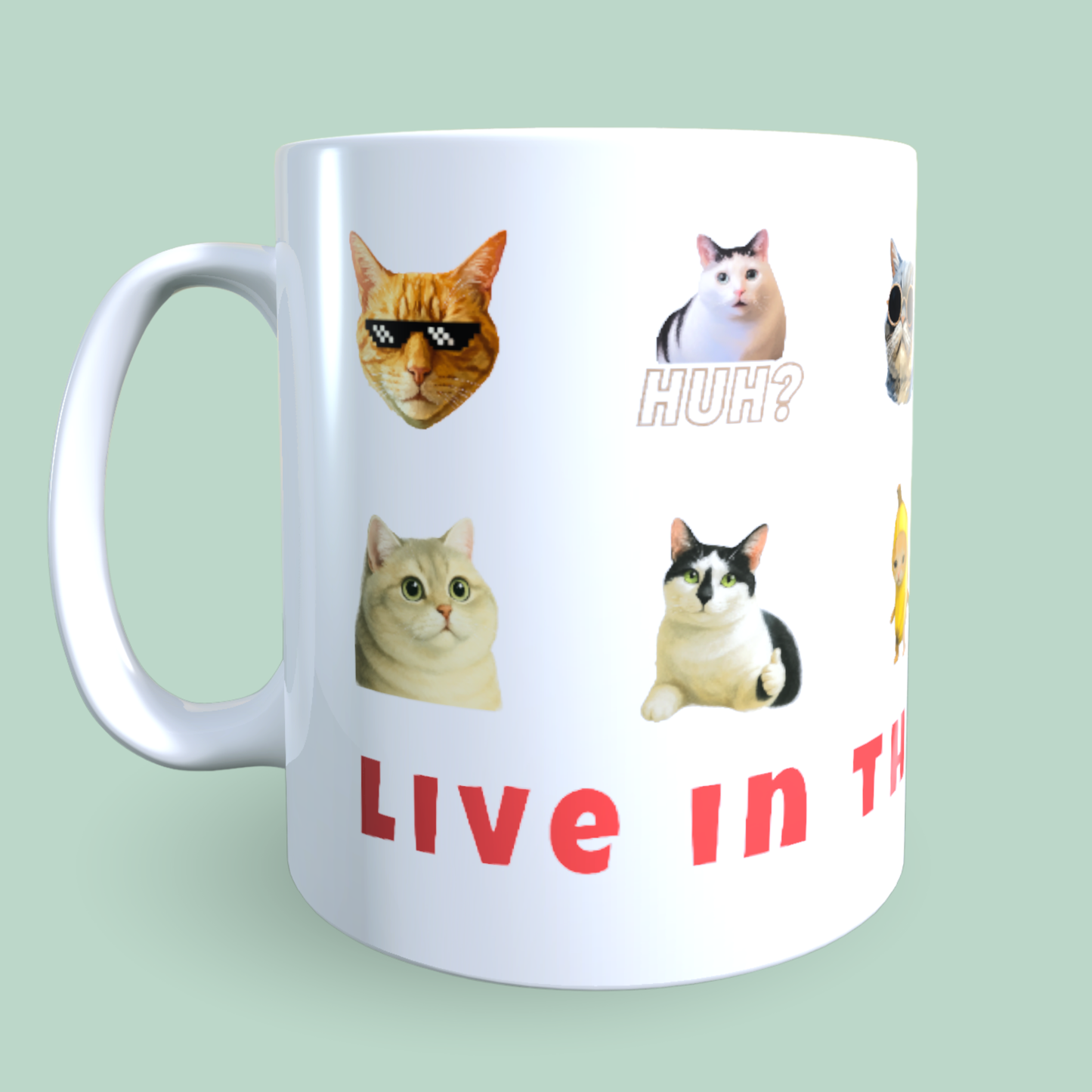 Cană Pisici Meme „Live in the Mew-ment” – Grumpy Cat, Banana Cat, HUH?, 330 ml