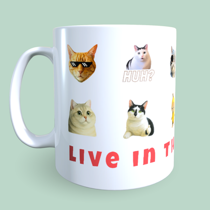 Cană Pisici Meme „Live in the Mew-ment” – Grumpy Cat, Banana Cat, HUH?, 330 ml