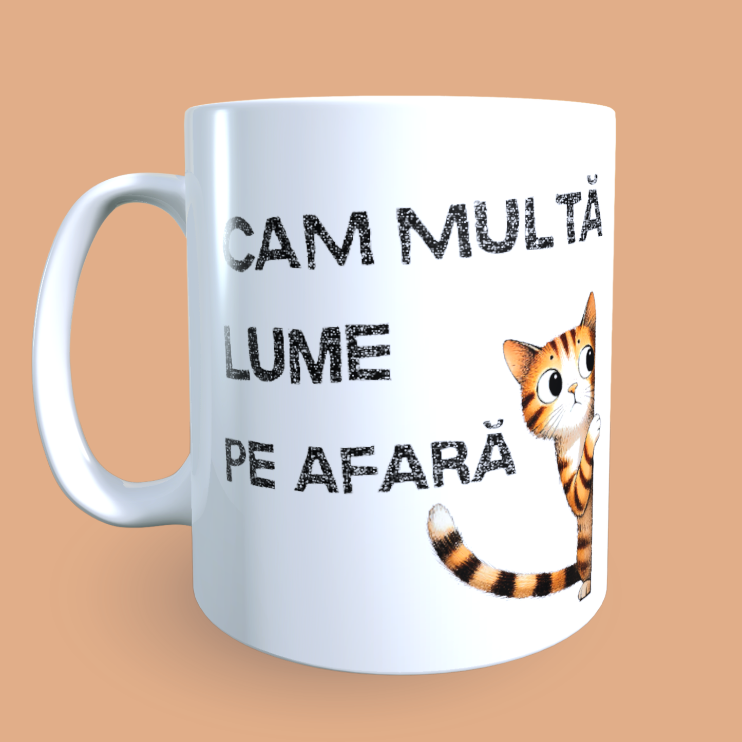 Cană ceramică personalizată „Cam multă lume pe afară” – 330 ml, albă