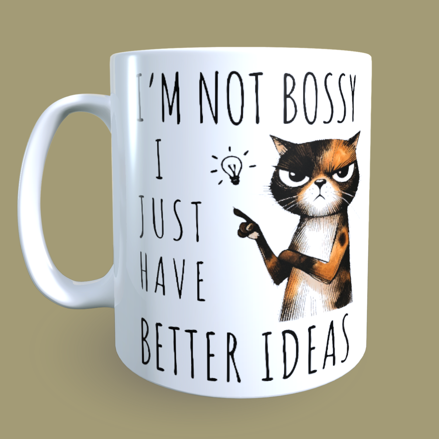 Cană ceramică personalizată „Nu fac pe șefa, doar am idei mai bune” – 330 ml, albă