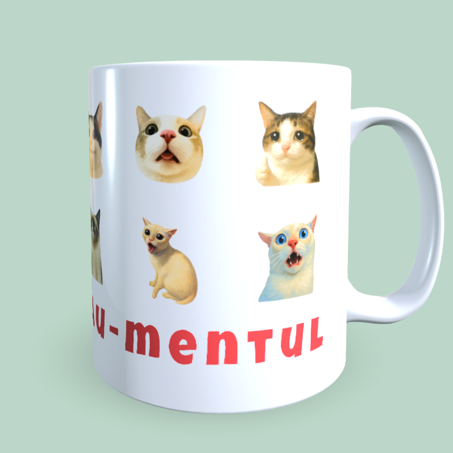 Cană Pisici Meme „Trăiește miau-mentul” – Grumpy Cat, Banana Cat, Funny Cats, 330 ml