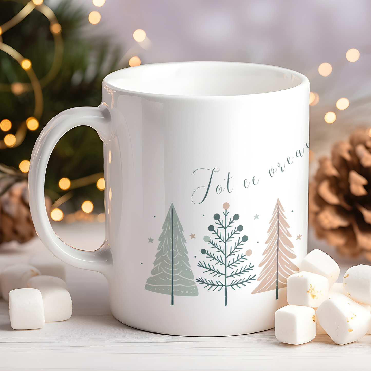 Cană ceramică personalizată „Tot ce vreau de Crăciun e Cafeaua mea” – 330 ml, albă