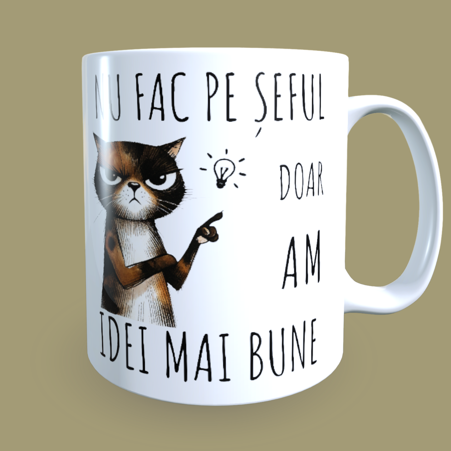 Cană ceramică personalizată „Nu fac pe șefa, doar am idei mai bune” – 330 ml, albă