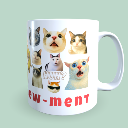 Cană Pisici Meme „Live in the Mew-ment” – Grumpy Cat, Banana Cat, HUH?, 330 ml