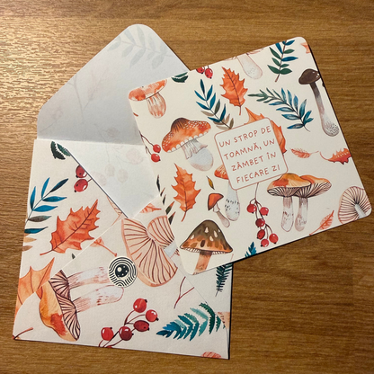 Cană ceramică personalizată „Frunze de toamnă și ciupercuțe” – 330 ml, albă, felicitare cadou!