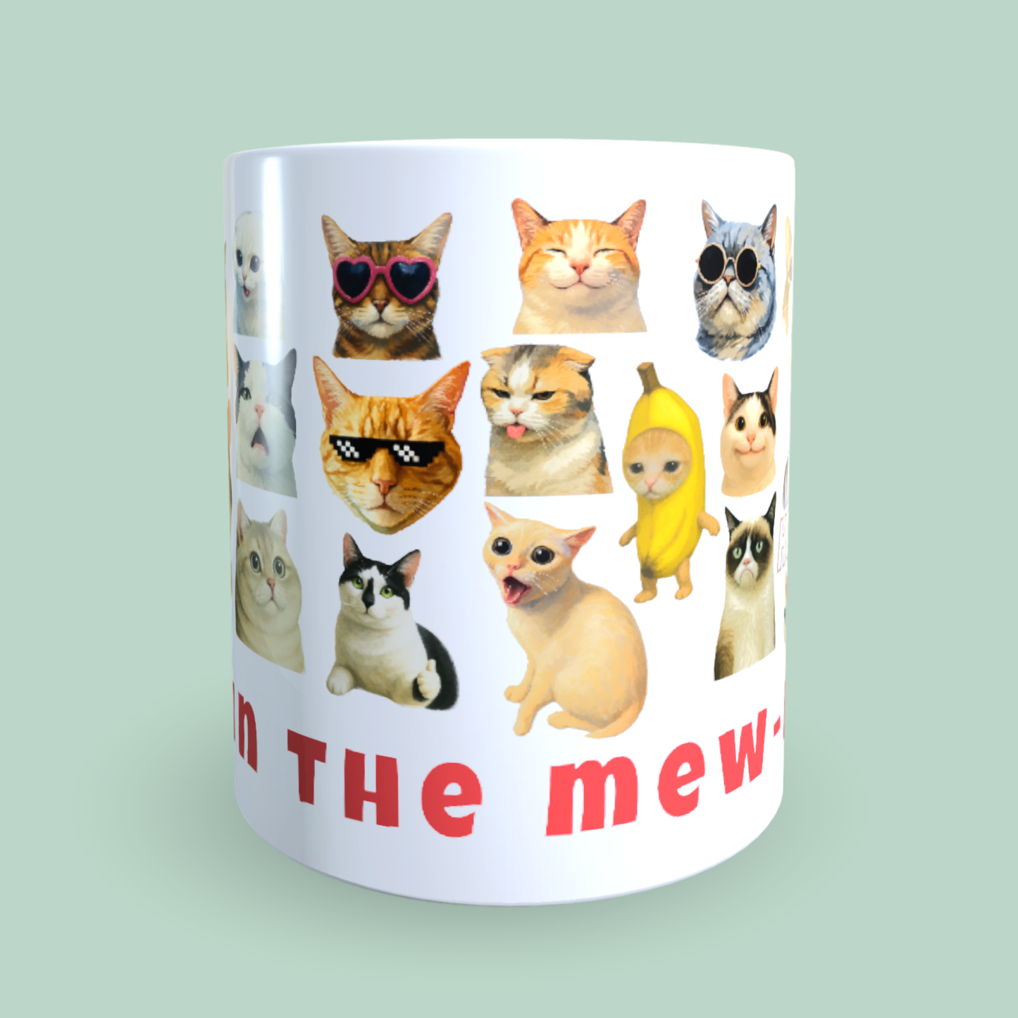 Cană Pisici Meme „Live in the Mew-ment” – Grumpy Cat, Banana Cat, HUH?, 330 ml