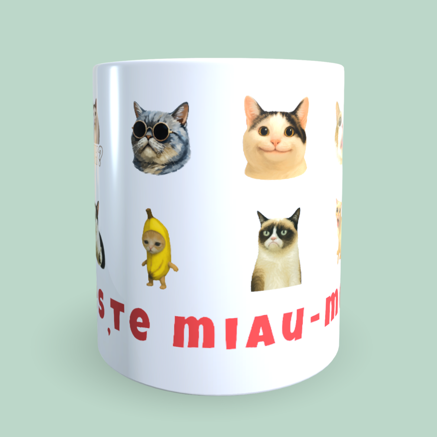 Cană Pisici Meme „Trăiește miau-mentul” – Grumpy Cat, Banana Cat, Funny Cats, 330 ml