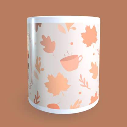 Cană ceramică personalizată „Frunzele cad și cafeaua mă cheamă” – 330 ml, albă