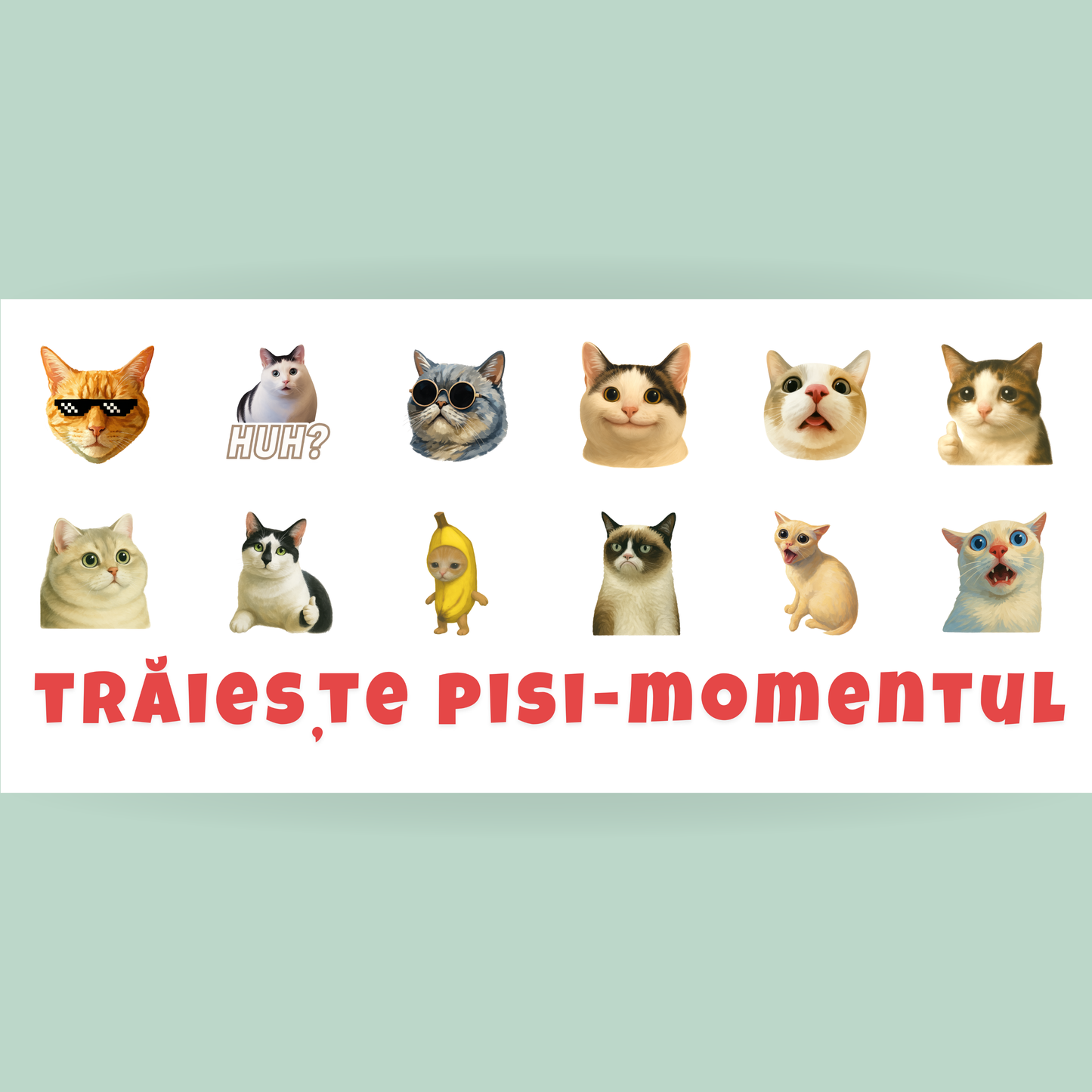 Cană Pisici Meme „Trăiește pisi-momentul” – Grumpy Cat, Banana Cat, Funny Cats, 330 ml