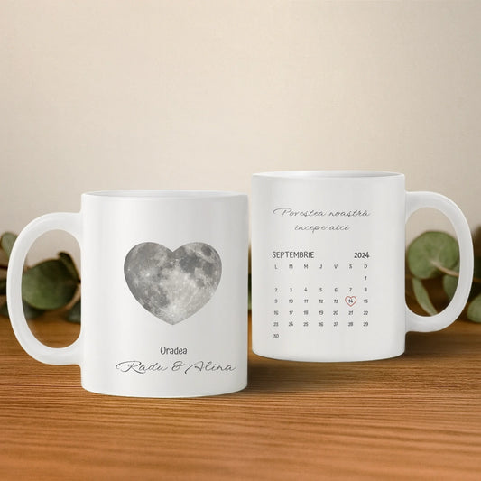 Cană personalizată „Luna inimii noastre” – Faza lunii + calendar