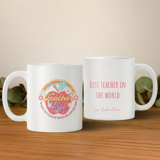 Cană personalizată pentru profesori – modele Teacher Life și mesaj dedicat