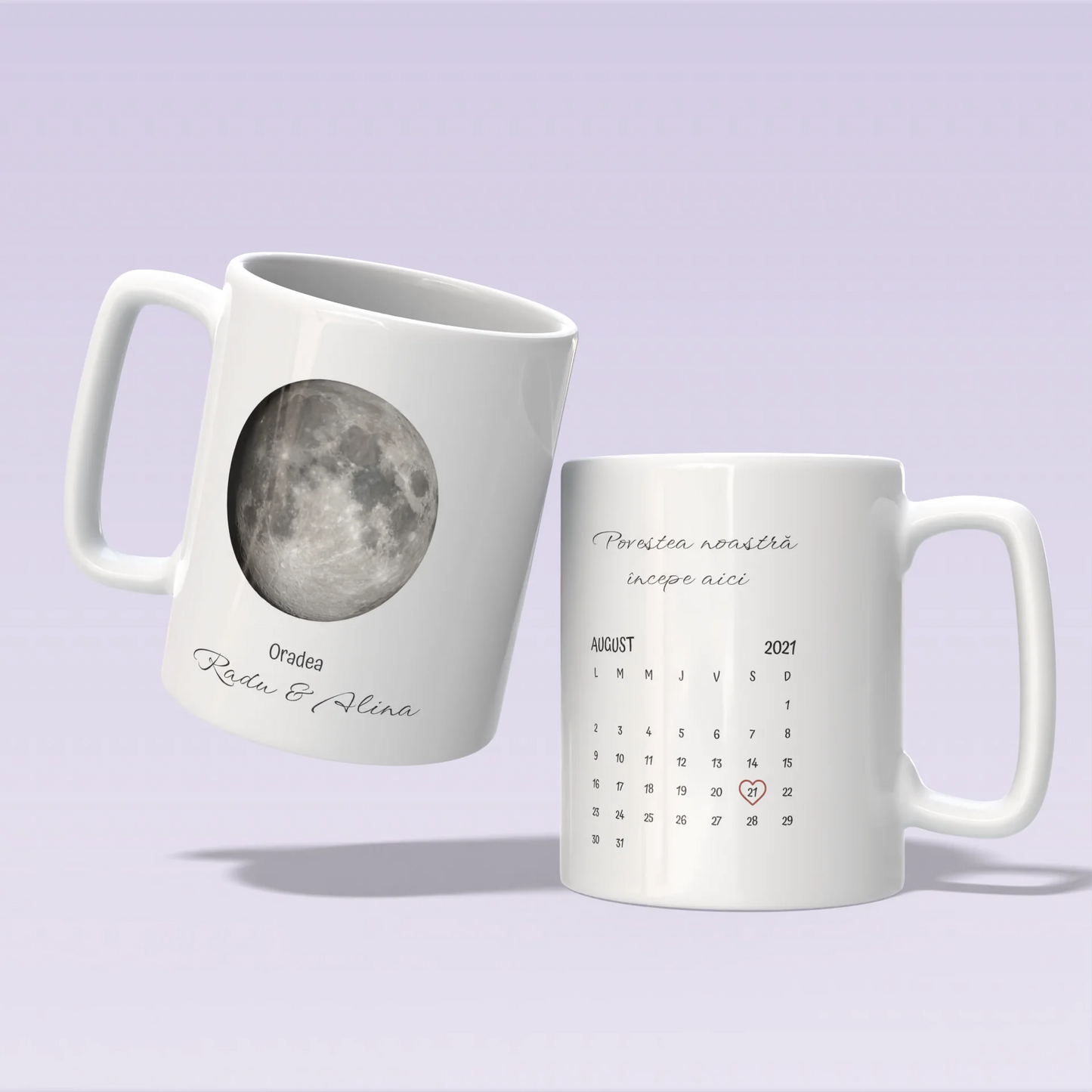 Cană personalizată „Momente sub lună” – Faza lunii + calendar