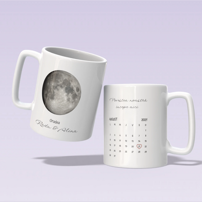 Cană personalizată „Momente sub lună” – Faza lunii + calendar