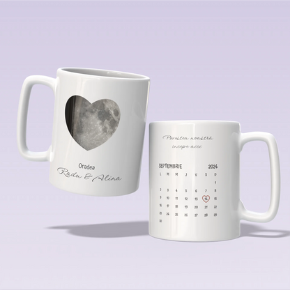 Cană personalizată „Luna inimii noastre” – Faza lunii + calendar