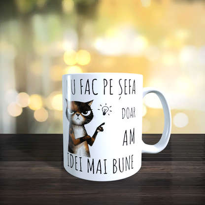 Cană ceramică personalizată „Nu fac pe șefa, doar am idei mai bune” – 330 ml, albă