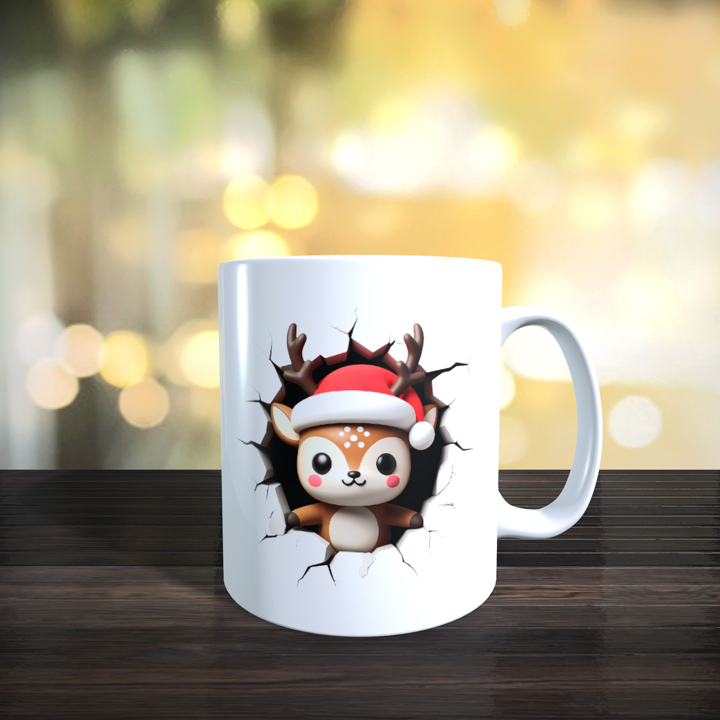 Cană ceramică personalizată „Renul poznaș 3D” V2 – 330 ml, albă