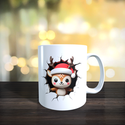 Cană ceramică personalizată „Renul poznaș 3D” V2 – 330 ml, albă