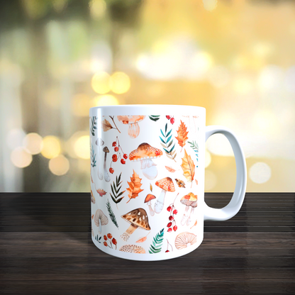 Cană ceramică personalizată „Frunze de toamnă și ciupercuțe” – 330 ml, albă, felicitare cadou!