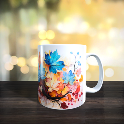 Cană ceramică personalizată cu frunze de toamnă aurii și albastre – 330 ml, albă