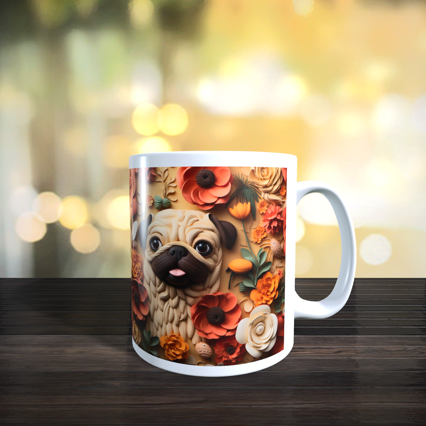 Cană ceramică personalizată „Pug printre flori” – 330 ml, albă