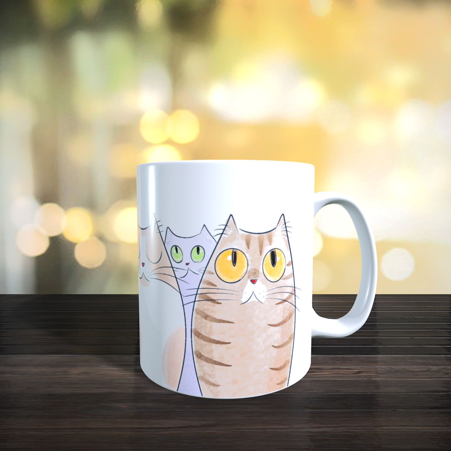 Cană ceramică personalizată „Pisici gri și portocalii – expresii haioase” – 330 ml, albă