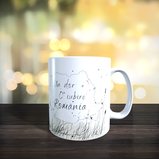 Cană ceramică personalizată „Un dor, o iubire, România” – 330 ml, albă