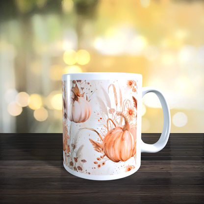 Cană ceramică personalizată „Dovleac de Toamnă Floral” – 330 ml, albă