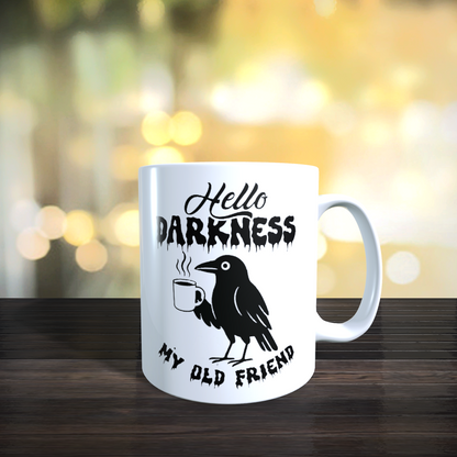 Cană ceramică personalizată „Hello darkness my old friend” – 330 ml, albă