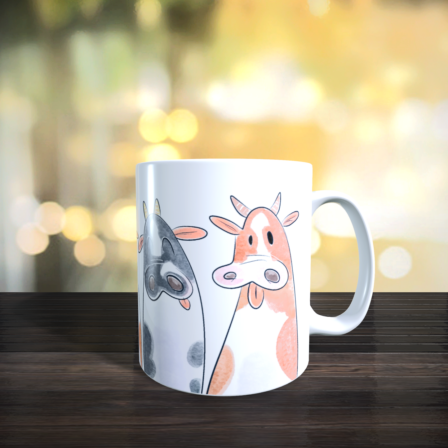 Cană ceramică personalizată „Vaci haioase colorate” – 330 ml, albă