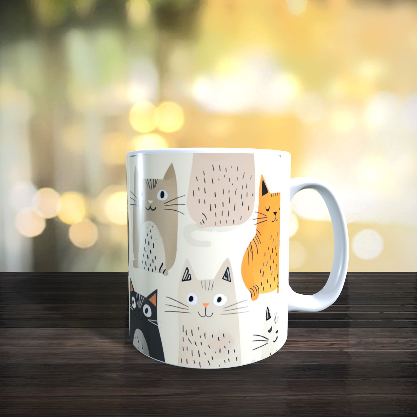 Cană ceramică personalizată „Pisici grafice alb-negru-portocaliu” – 330 ml, albă