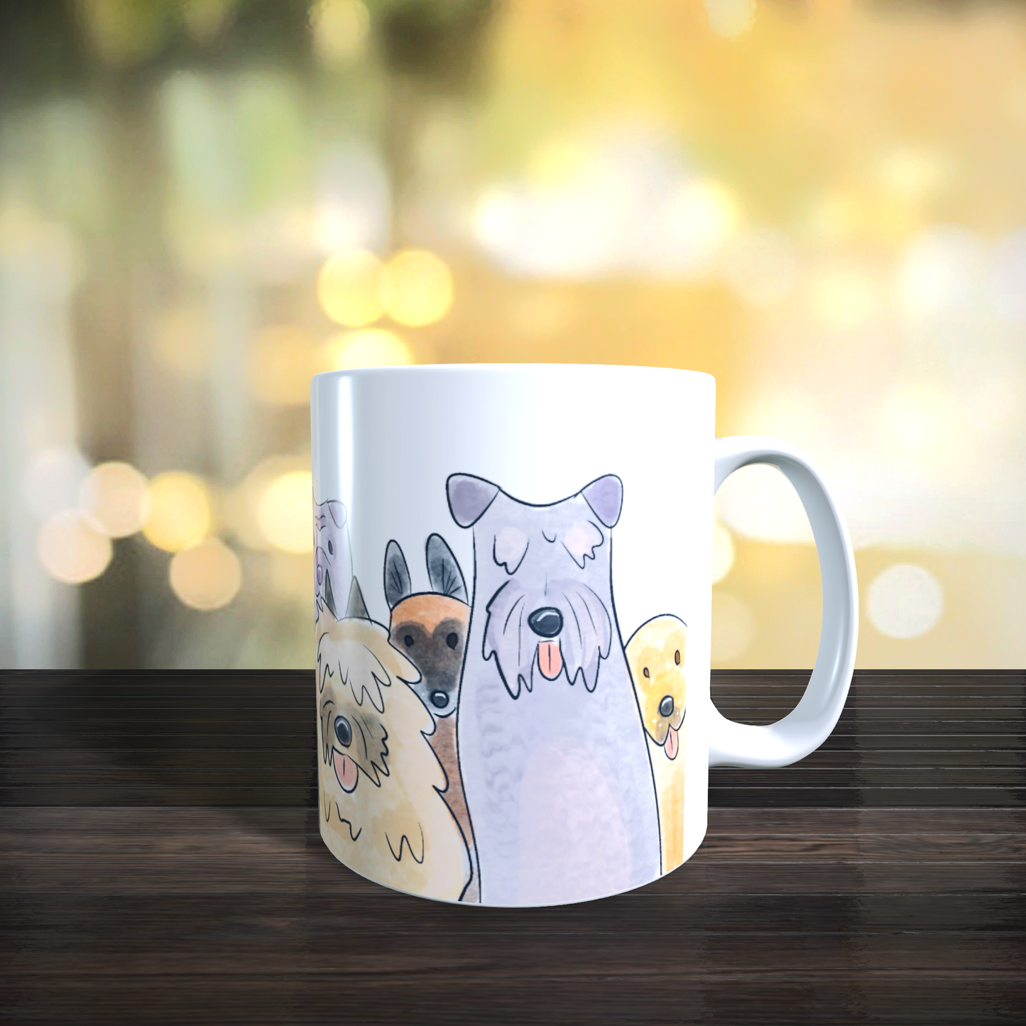 Cană ceramică personalizată „Câini veseli de rase diferite” – 330 ml, albă