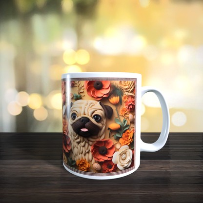 Cană ceramică personalizată „Pug printre flori în tablou” – 330 ml, albă